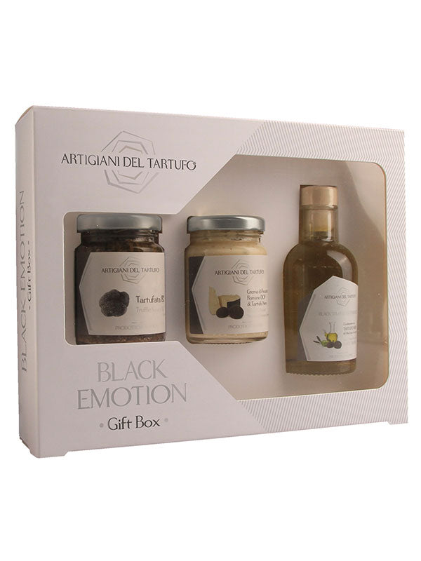 Schwarze Emotion - Schwarzer Trüffel Geschenkbox, das ideale Geschenk für alle, die den intensiven Geschmack von schwarzen Trüffeln erleben möchten. Enthält Tartufata (Trüffelsauce, 90g Glas), Schwarze Trüffel und Pecorino-Romano-Creme (90g Glas) sowie reines Extra-Olivenöl mit schwarzen Trüffeln (100 ml Glas).